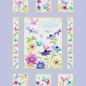 May include: A fabric panel featuring a whimsical floral and butterfly design. The central image showcases colorful flowers, butterflies, dragonflies, and bees against a white backdrop. The border is a blue and white gingham pattern with additional floral and insect motifs.