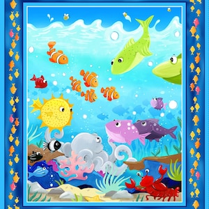 May include: A vibrant cartoon illustration depicting an underwater world with diverse fish, an octopus, and coral. The image is framed by a blue border adorned with small yellow fish. The fish include clownfish, a pufferfish, and other whimsical sea creatures.