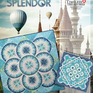 May include: A quilt pattern called "Autumn Splendor" from the Timeless Treasures Sage Mini Collection and Wallflowers. The quilt features a blue and white color scheme with a starburst design. The pattern is available as a foundation paper piecing pattern.
