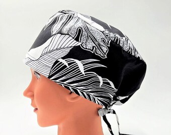 Scrub Cap in Tropical Black & White Florals with Cinching Ties
