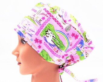 Scrub Cap in Hawaiian Islands Fabric with Cinching Ties