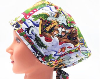 Scrub Cap in Noah's Ark with Cinching Ties