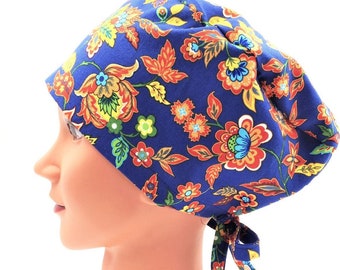 Scrub Cap in Blue Floral with Cinching Ties