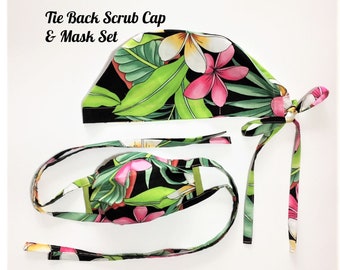 Scrub Cap & Face Mask Set in Pink/White Plumeria