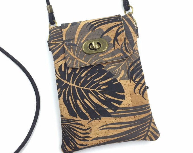 Cork Cell Phone Bag, Cell Phone Wallet, Crossbody Bag, Travel Bag, Waist Bag, Minimalist Bag, Theme Park Bag in Tropical Leaf Cork Fabric