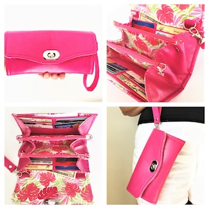 Cartera organizadora rosa intenso con diseño de hojas de monstera y correa para la muñeca