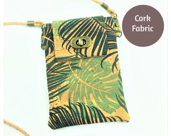 Cork Cell Phone Crossbody Bag in Tropical Leaf Green Cork Fabric
