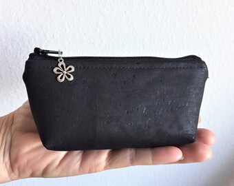 Black Cork Pouch, Coin Purse, Essential Oil Bag, Credit Card Holder, Small Zipper Bag