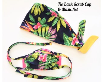 Scrub Cap & Face Mask Set in Tropical Floral on Navy