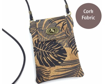 Cork Cell Phone Crossbody Bag in Tropical Leaf Black/Gray Cork Fabric