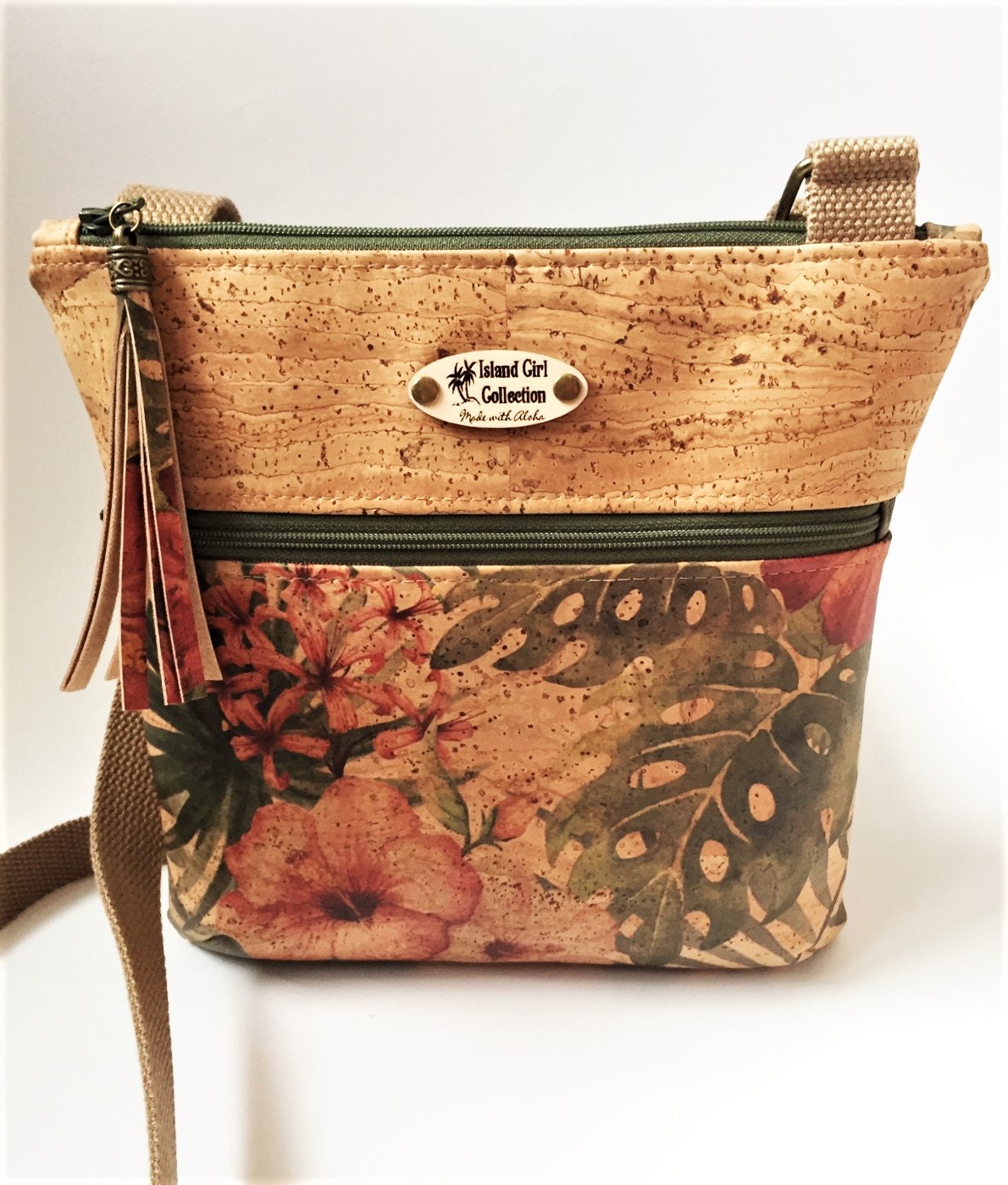 Cork Cross Body  Bag  Double Zipper Cross Body  Bag  