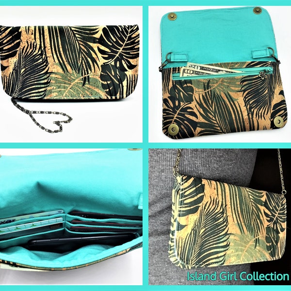 Wallet/Evening Clutch in Tropical Leaf Print Cork Fabric