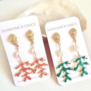 Coral Dangle Earrings, Coral Jewelry, Seashell Earrings, Beach Earrings, Vacation Jewelry, Coral and Pearl Earrings, Summer Earrings