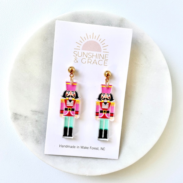 Nutcracker Earrings, Christmas Earrings, Holiday Earrings, Pink Christmas Earrings, Nutcracker Jewelry