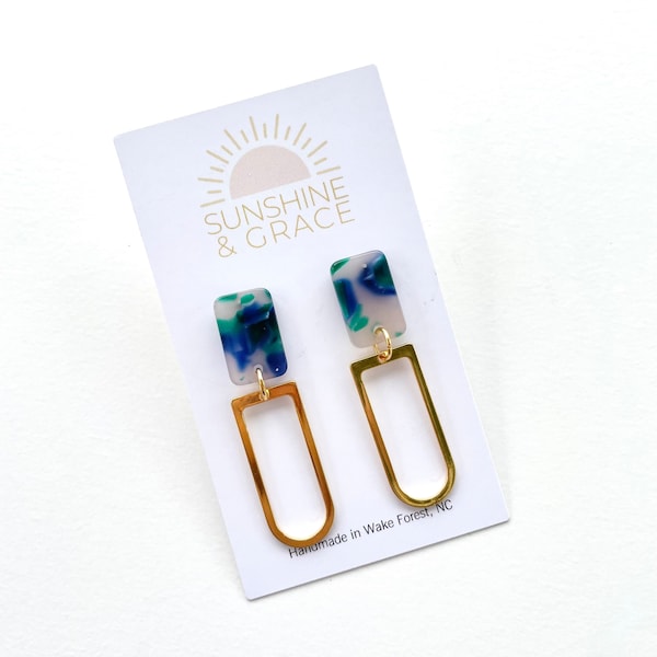 Elle Gold Arch Earrings, Tortoise Earrings,  Dangle Earrings, Blue Earrings