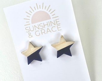 Wood and Resin Star Earrings, Navy Earrings, Patriotic Earrings, July 4th Earrings, America Earrings