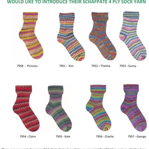 May include: A display of eight pairs of Opal/Viridian Schafpate 4 Ply sock yarns. Each sock has a unique pattern and colour combination, with names such as Princess, Kim, and Sunny. The socks are made from wool sourced from German sheep.