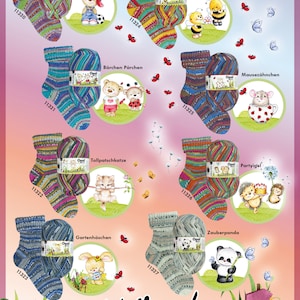 May include: A collection of colourful yarn skeins with different animal illustrations. The yarn is labelled "Opal" and "Knuddelbande 6-fach".