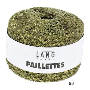 May include: A round ball of olive green yarn featuring integrated small, shiny sequins throughout the fibre. A white paper label wraps around the centre, displaying the black text LANG YARNS PAILLETTES and the number 98 in the bottom corner.