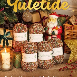 May include: A close-up of four balls of yarn in red, green, gold, and white with a sparkly finish. The yarn is labelled "Signature Sparkle 4 Ply" and is arranged on a wooden surface with a Christmas-themed background.