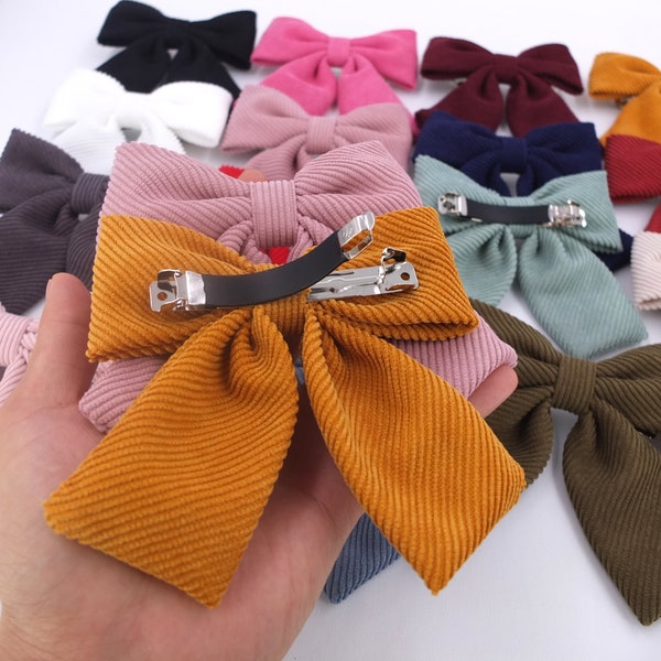 4 PCS Twill Corduroy Hair Bow Non Slip French Barrettes Elastic Loop Hair Bands for Kids Girls Women Hair Bow Spring Clips Accessories