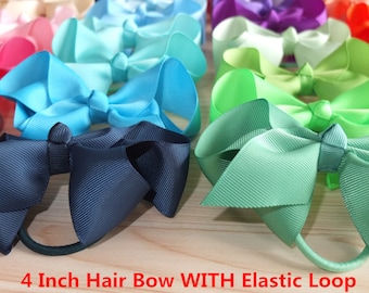 40 Colors Available,4 inch Hair bows WITH Elastic Loop,Ponytail bows,Pony Tail Holder,Hair Elastic with bow,Baby/girl hair accessories