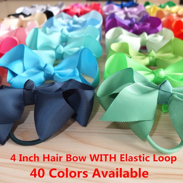 40 Colors Available,4 inch Hair bows WITH Elastic Loop,Ponytail bows,Pony Tail Holder,Hair Elastic with bow,Baby/girl hair accessories