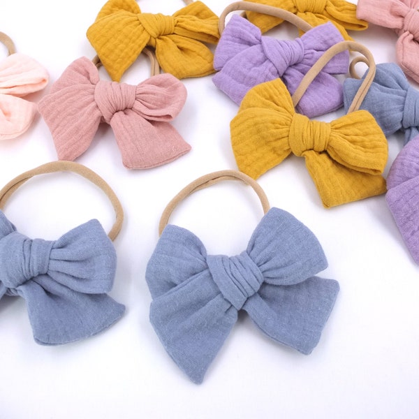 6 PCS Original Cotton Gauze Hair Bow Nylon Headbands for Toddler Baby Girls Kids Muslin Hair bows Fully Lined Clips Barrettes Accessories