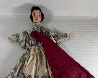 Vintage Handmade Rod Puppet Woman Mid Century Fabric Puppet Control Rod Folk Art Theater Puppet
