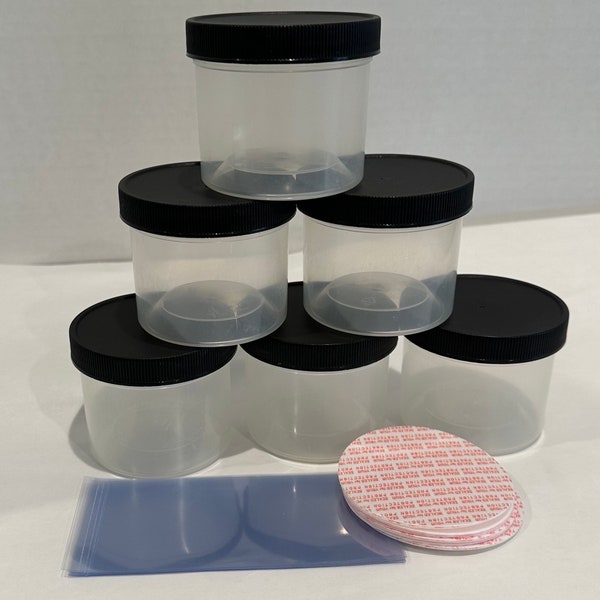 Set of 6- 4oz Plastic Jars, Black Ribbe Caps, Press & Seal Liners, and Shrink Wrap Bands 24 pieces