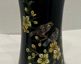 Vintage Wooden Black Lacquer Vase Hand Painted Flowers and Birds