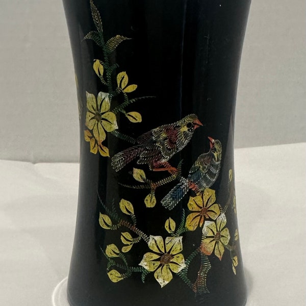 Vintage Wooden Black Lacquer Vase Hand Painted Flowers and Birds
