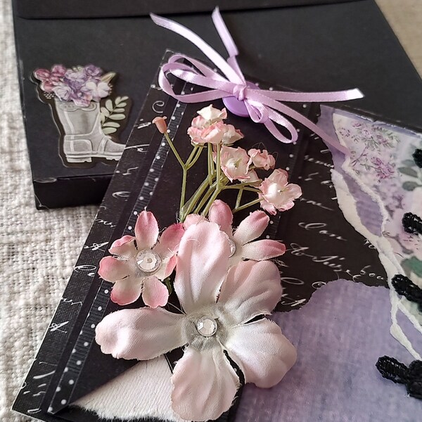 5"x5" Shabby Chic Black and Pink floral Handmade card