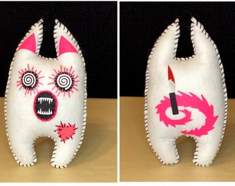 Creepy Psycho Killer kitty Cat Creature Plush, with a knife behind his back. Made by Hand, Personalize it option!