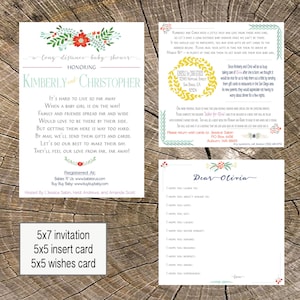 Lange afstand baby shower 5 x 7 uitnodiging, 5 x 5 invoegen (5 x 5 wensen kaart optioneel). Zie foto's.