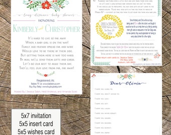 Long Distance Baby Shower 5x7 Invitation, 5x5 Insert (5x5 Wishes Card optional). See Photo's.
