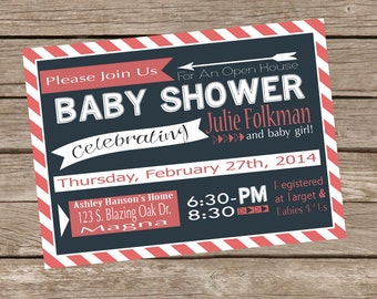 Coral and Navy Baby Shower Invitation. Personalized