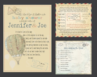 Travel, Map, Air Balloon Long Distance Baby Shower (5x7, 5x5 insert, and optional 5x5 wishes card)