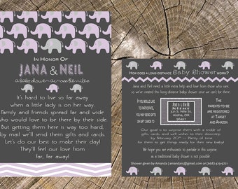 Long Distance Baby Shower - 5x7 Invitation and 5x5 Insert Card (Baby Girl, Elephants)