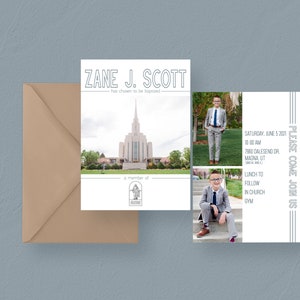Può includere: Un biglietto bianco con testo nero che annuncia il battesimo di Zane J. Scott. Il biglietto include una foto di un tempio, una foto di un ragazzo in abito e una foto di un ragazzo in abito seduto su dei gradini. Il biglietto include anche la data, l'ora e il luogo del battesimo. Il testo "PLEASE COME JOIN US" è stampato sul lato destro del biglietto.
