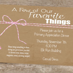 Favorite Things Personalized Invitation (Birthday, Girl&#39;s Night Out, Relief Society, Young Women, Primary, etc)