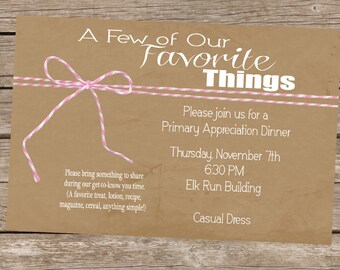 Favorite Things Personalized Invitation (Birthday, Girl's Night Out, Relief Society, Young Women, Primary, etc)