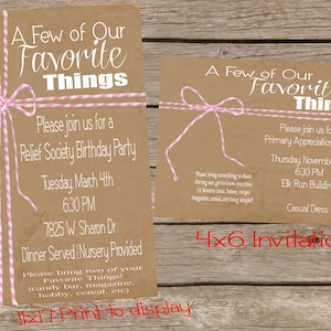 Favorite Things Customized Party Printable and Invitation (Birthday, Girl&#39;s Night Out, Relief Society, Primary, Young Women&#39;s, etc)