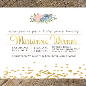 Gold and Floral Bridal Shower Invitation (3x3 Popcorn favor- optional-see photos)