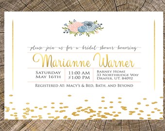 Gold and Floral Bridal Shower Invitation (3x3 Popcorn favor- optional-see photos)