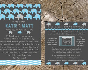 Long Distance Baby Shower - 5x7 Invitation and 5x5 Insert Card (Baby Boy, Elephants)