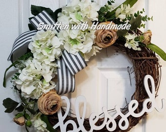 Hydrangea Grapevine Wreath, Farmhouse Wreath, Simple Wedding Wreath, Hello Hydrangea Wreath, Everyday Wreath, Blessed Grapevine Wreath