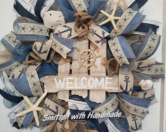 Beach Wreath, Starfish Jute Mesh Door Wreath, Denim Blue Beach Wreath, Beach Welcome Wreath, Beach Sand Dollar Wreath, Nautical Door Decor