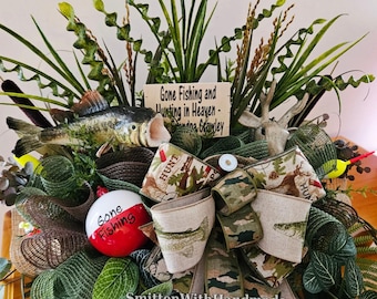 Fishing & Hunting Funeral Planter, Fisherman/Hunter Artificial Table Funeral Arrangement, Funeral Keepsake