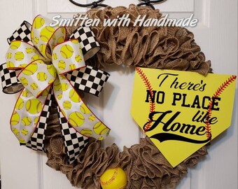Softball Home Plate Wreath, No Place Like Home Softball Wreath, Custom Softball Wreath, Personalized Softball Wreath. Softball Burlap Wreath
